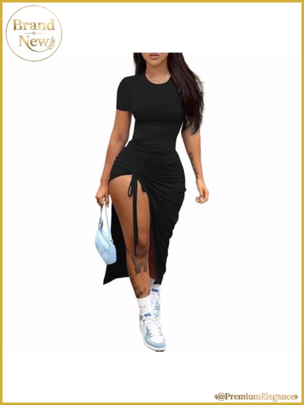 Women Sexy Bodycon Maxi Dress Short Sleeve Slit Club Night Out